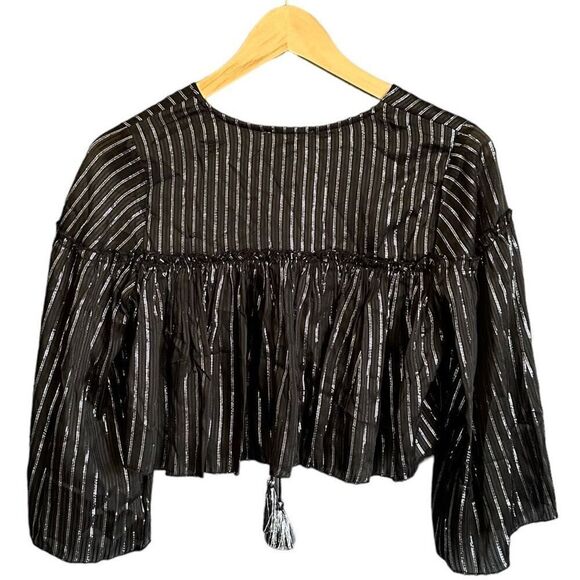 NSR Metallic Stripe Tassel Tie Front Ruffle Crop Top - Picture 8 of 10